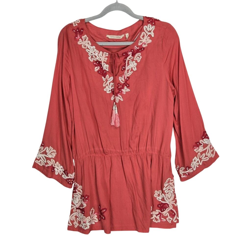 Soft Surroundings Pink Embroidery Beaded Tunic Top M Boho Hippie Festival Whimsy